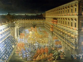 Fest på Palazzo Barberini til ære for Christine de Suede (Christine af Sverige), 28/02/1656 Maleri af Filippo Lauri (1623-1694) og Filippo Gagliardi (død 1659). Rom fra det 17. århundrede, Roms museum