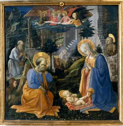 Tilbedelse af barnet med Sankt Hieronymus, Sankt Hilarion, Sankt Madeleine og Englene Detrempe på træ af Filippo Lippi (1406-1469) 1455 omkring Firenze, Galleria degli Uffizi (Kontorer) - Tilbedelsen med Sankt Josef, Sankt Hieronymus, Maria Magdalena og St