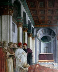 Cyklus om Sankt Stefans liv: "" Den hellige Stefans begravelse"" (The esequie di santo Stefano) Detalje. Fresco af Filippo Lippi (ca. 1406-1469) 1452-1465 Prato, Cattedrale di Santo Stefano (Duomo) Italien - Historier fra St. Stephens liv. Begravelse,