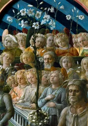 Jomfruens kroning. Detalje af de syngende engle, der holder liljeblomster. Figuren nederst til højre er Johannes Døberen, Firenzes skytshelgen. Maleri (1457-1504)
