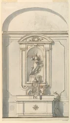 Tegning, Alter med tabernakel og to præster i samtale, 1750-75