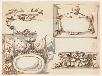 Tegning, Et våbenskjold, et trofæ, en etiket, et dekorativt motiv til en frise, 1750-75