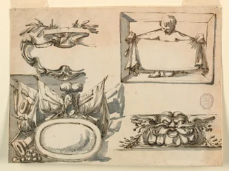 Tegning, Et våbenskjold, et trofæ, en etiket, et dekorativt motiv til en frise, 1750-75