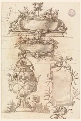 Tegning, To våbenskjold, dekorativ vase og en skriftrulle, 1750-75