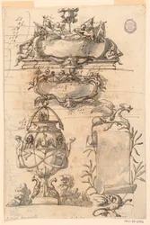 Tegning, To våbenskjold, dekorativ vase og en skriftrulle, 1750-75