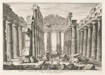 Indvendig udsigt over det hexastile hypaetrale tempel fra nord, fra Antichit? af Pesto (Paestums antikviteter)