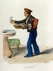 Galantry købmænd (småhandlere) i Napoli. Disse gadesælgere tilbød kosmetik. - Farvet kobberstik efter maleri af F. Palizza (fra: "Costumi del regno" af Francesco de Bourcard).