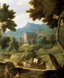 Landskab med kirke Detalje af et maleri af Filippo verali (Veralli eller Veraldi) (1600-tallet) Orleans Museum of Fine Arts