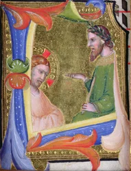 Kristus før Pilatus, i den historiske initial L, ca. 1403-05 (vellum og guld)