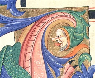 Missal 515 f.73v Zoomorfiskt løv, der forestiller et mandligt hoved, der trækker et ansigt, detalje fra dekorationen af en historiker initial fra en korbog udført før 1449 (vellum)