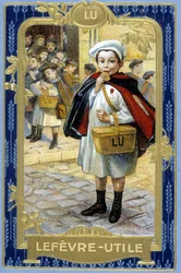 Annoncering for cookien "" Lefèvre-Useful: Lu"" (skoledrengen). sd. Kromolitografi 1800-tallet baseret på den originale tegning af Firmin Bouisset.