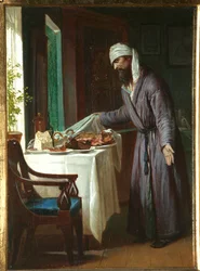 Morning Hangover - Maleri af Firs Sergeevich Zhuravlev (1836-1901), olie på lærred, 40x29,6 cm, slutningen af ​​1800-tallet - Privat samling
