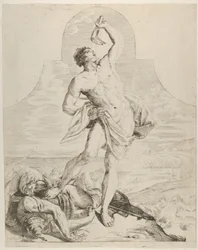 Samson holder kæbebenet af et æsel over hovedet og står ved siden af filierne..., ca. 1640-60.