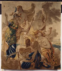 Et Bruxelles gobelin vævet i uld og silke, der forestiller forskellige guddomme, inklusive Minerva, Apollo, Diana, Mercury og Cornus midt i skyerne