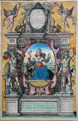 Allegori over byen Antwerpen (farvegravering)