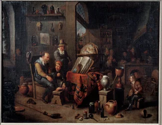 En apoteker Apotekeren i hans laboratorium hjælper sine lærlinge og omgiver hans instrumenter, kolbe, kort, stillestående. Bagerst butiksdisken. Maleri af den flamske skole. 1500-tallet Metz, Museum of Fine Arts