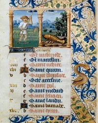 Kalender, juni, en bondeklipning og kræftens tegn. Side taget fra en timebog ms. 47, oplyst af den flamske skole. Badia de 