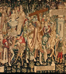 Katedralen (The Seo. Ca tedraal of the Savior of Zaragoza). Gobelinmuseet. flamsk gobelin. Legenden om det hellige kors (Legenden om det hellige kors, om legenden om det hellige kors). Detalje. Ca. 1450. 430x1120cm.