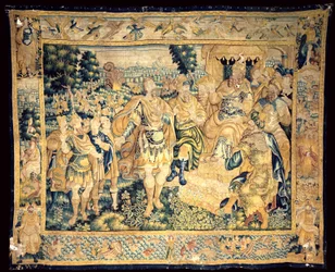 Katedral. Interiør. flamsk gobelin. Judas Makkabæs historie (?). Oprindelse Oudenaarde. Uidentificerede mærker lige nedenfor. Ca 1575-1610.
