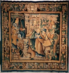 Conques museums skatkammer (Le Trésor de Conques). flamsk gobelin. Historien om Sainte Foy (?). Tekster: DASIAN, S+PRIME, S+eVAPRAISE. 1500-tallet (?).