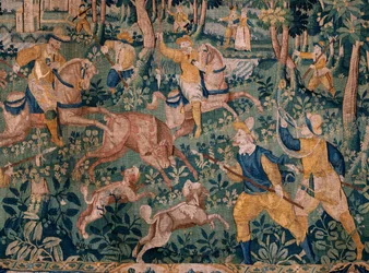 flamsk gobelin. Hjortejagt (Hunting a hjort). Atelier af Oudenaarde. 295x331 cm. Inv (82941)-1 / PRIVAT. 17. århundrede.