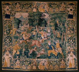 flamsk gobelin. Hjortejagt (Hunting a hjort). Atelier af Oudenaarde. 295x331 cm. Inv (82941)-1 / PRIVAT. 17. århundrede.