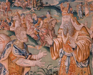 flamsk gobelin. Alexander før ypperstepræsten Iaddo (Alexander før ypperstepræsten Iaddo). Atelier af Oudenaarde. 374x447 cm. Inv(830-B)4 00010. 1600-tallet.