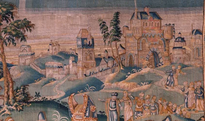 flamsk gobelin. Alexander før ypperstepræsten Iaddo (Alexander før ypperstepræsten Iaddo). Atelier af Oudenaarde. 374x447 cm. Inv(830-B)4 00010. 1600-tallet.