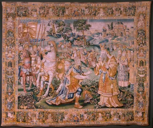 flamsk gobelin. Alexander før ypperstepræsten Iaddo (Alexander før ypperstepræsten Iaddo). Atelier af Oudenaarde. 374x447 cm. Inv(830-B)4 00010. 1600-tallet.