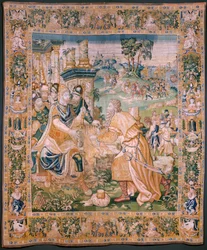 flamsk gobelin. Alexander bliver tilbudt en krone (Alexander tilbydes en krone). Atelier af Oudenaarde. 384x316 cm. Inv (83024)-5 / 00009. 1600-tallet.