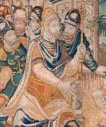 flamsk gobelin. Alexander bliver tilbudt en krone (Alexander tilbydes en krone). Atelier af Oudenaarde. 384x316 cm. Inv (83024)-5 / 00009. 1600-tallet.
