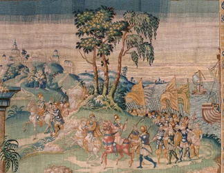 flamsk gobelin. Alexander bliver tilbudt en krone (Alexander bliver tilbudt en krone). Atelier af Oudenaarde. 384x316 cm. Inv (83024)-5 / 00009. 1600-tallet.