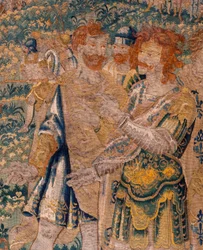 Flamsk billedtæppe. Hannibals bror Hasdrubal tages til fange af romerne. Atelier i Oudenaarde. 347x407 cm. Inv 00005.