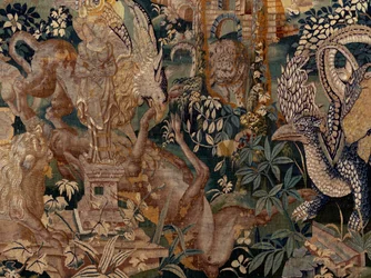 flamsk gobelin. Landskab med pergola og store udyr, med 2 søjler. Atelier af Oudenaarde. 319x508 cm. Inv 0023. 1600-tallet.