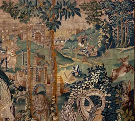 flamsk gobelin. Landskab med pergola og store udyr, med 2 søjler. Atelier af Oudenaarde. 319x508 cm. Inv 0023. 1600-tallet.