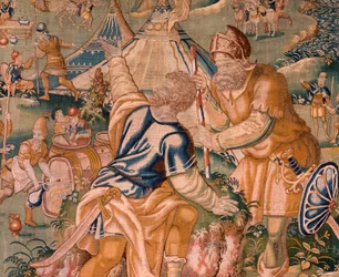 flamsk gobelin. Militærlejr nær floden Granikos. Atelier af Oudenaarde. 377x393 cm. Inv 83104-9 /00011. 17. århundrede.