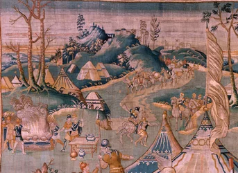 flamsk gobelin. Militærlejr nær floden Granikos. Atelier af Oudenaarde. 377x393 cm. Inv 83104-9 /00011. 17. århundrede.