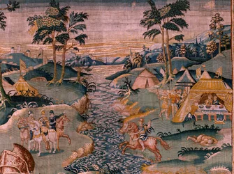 flamsk gobelin. Militærlejr nær floden Granikos. Atelier af Oudenaarde. 377x393 cm. Inv 83104-9 /00011. 17. århundrede.