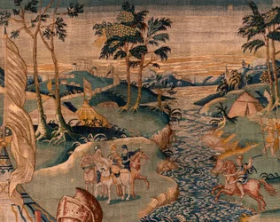 flamsk gobelin. Militærlejr nær floden Granikos. Atelier af Oudenaarde. 377x393 cm. Inv 83104-9 /00011. 17. århundrede.