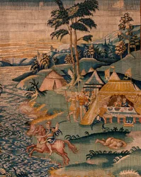 flamsk gobelin. Militærlejr nær floden Granikos. Atelier af Oudenaarde. 377x393 cm. Inv 83104-9 /00011. 17. århundrede.
