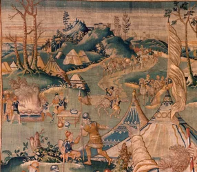 flamsk gobelin. Militærlejr nær floden Granikos. Atelier af Oudenaarde. 377x393 cm. Inv 83104-9 /00011. 17. århundrede.