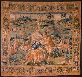 flamsk gobelin. Militærlejr nær floden Granikos. Atelier af Oudenaarde. 377x393 cm. Inv 83104-9 /00011. 17. århundrede.