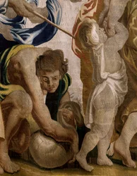 flamsk gobelin. Serie Apoteose af eukaristien. Høst af manna (Recogida del maná). Model Cartoon kopieret fra en original af Rubens. Bruxelles fremstilling. Fremstillet af Frans van den Hecke. Midten af det 17. århundrede. Stof Silke og uld, 7/8 kæder pr. c