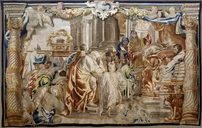 flamsk gobelin. Serie Apoteose af eukaristien. Offer af mosaisk lov (Sacrificio de la Ley Mosaica). Model Cartoon kopieret fra en original af Rubens. Bruxelles fremstilling. Fremstillet af Frans van den Hecke. Midten af det 17. århundrede. Stof Silke og ul