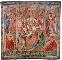 flamsk gobelin. Serie Episoder fra Jomfruens liv; Præsentation ved templet (Presentación en el Templo). Andet gobelin i serien. Modeller tilskrevet Jan van Roome (eller van Brussel). Fremstilling Pieter van Aelst, Bruxelles. Ca 1502-1504.
