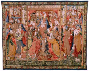 flamsk gobelin. Serie episoder fra The Life of the Virgin. Profetierne bliver opfyldt ved Kristi fødsel (Opfyldelse af profetierne ved Guds Søns fødsel). Første gobelin i serien. Modeller tilskrevet Jan von Roome (eller van B