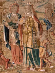 flamsk gobelin. Serie Esau og . Møde mellem Jakob og Esau (Encuentro entre Jacob y Esaú). Tredje gobelin i serien. Fremstilling Holland, anden halvdel af det 16. århundrede. Stof Uld. Placering Church of Saint Nicholas of Bari (museet åbnet