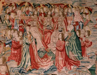 flamsk gobelin. Serien Menneskelig forløsning eller laster og dyder. Kristus stiger op til himlen, og mennesket bliver forløst for Gud (Cristo asciende al Cielo y el Hombre se redime ante Dios). Niende gobelin i serien (fjerde af dem, der opbevares i Palen