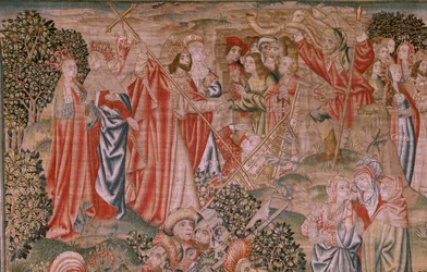 flamsk gobelin. Serien Menneskets forløsning eller laster og dyder. Kristi opstandelse (Resurrección de Cristo). Ottende gobelin i serien (det første af dem, der opbevares i Burgos). Fremstilling Bruxelles. Ca 1510. Stof Silke og uld, 7 kædegarn pr. cm.