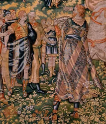 flamsk gobelin. Serien Story of Cyrus. No II Astyages genkender Cyrus (Ciro reconocido por Astiages). Anonym, baseret på Michiel Coxcie. Atelier Antwerpen. Silke og uld. Omkring 1590.